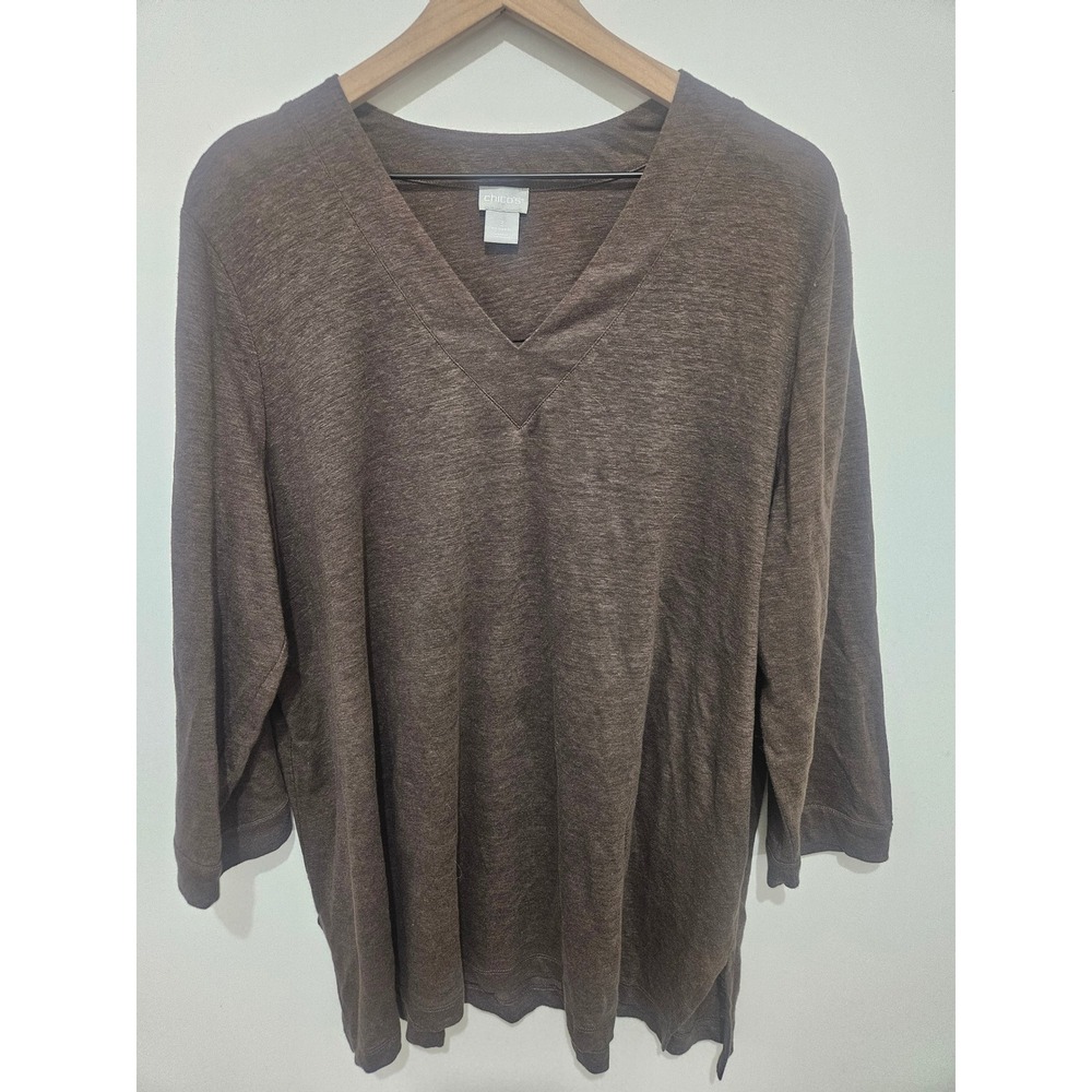 Chicos Brown 100% Linen V-Neck 3/4 Sleeve Top Size 3 XL Extra Large 314050720